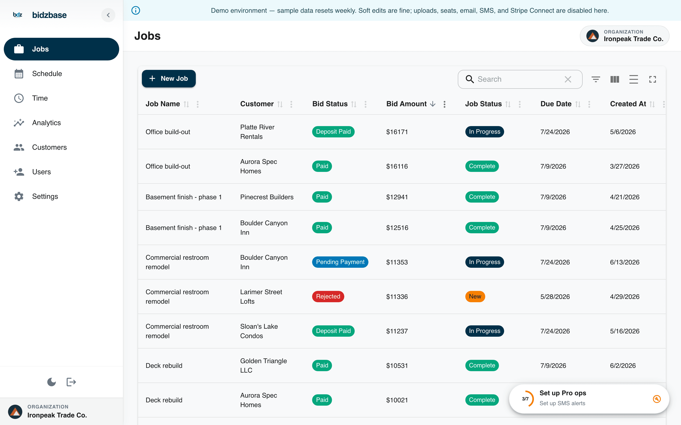 BidzBase job detail with bids and payments